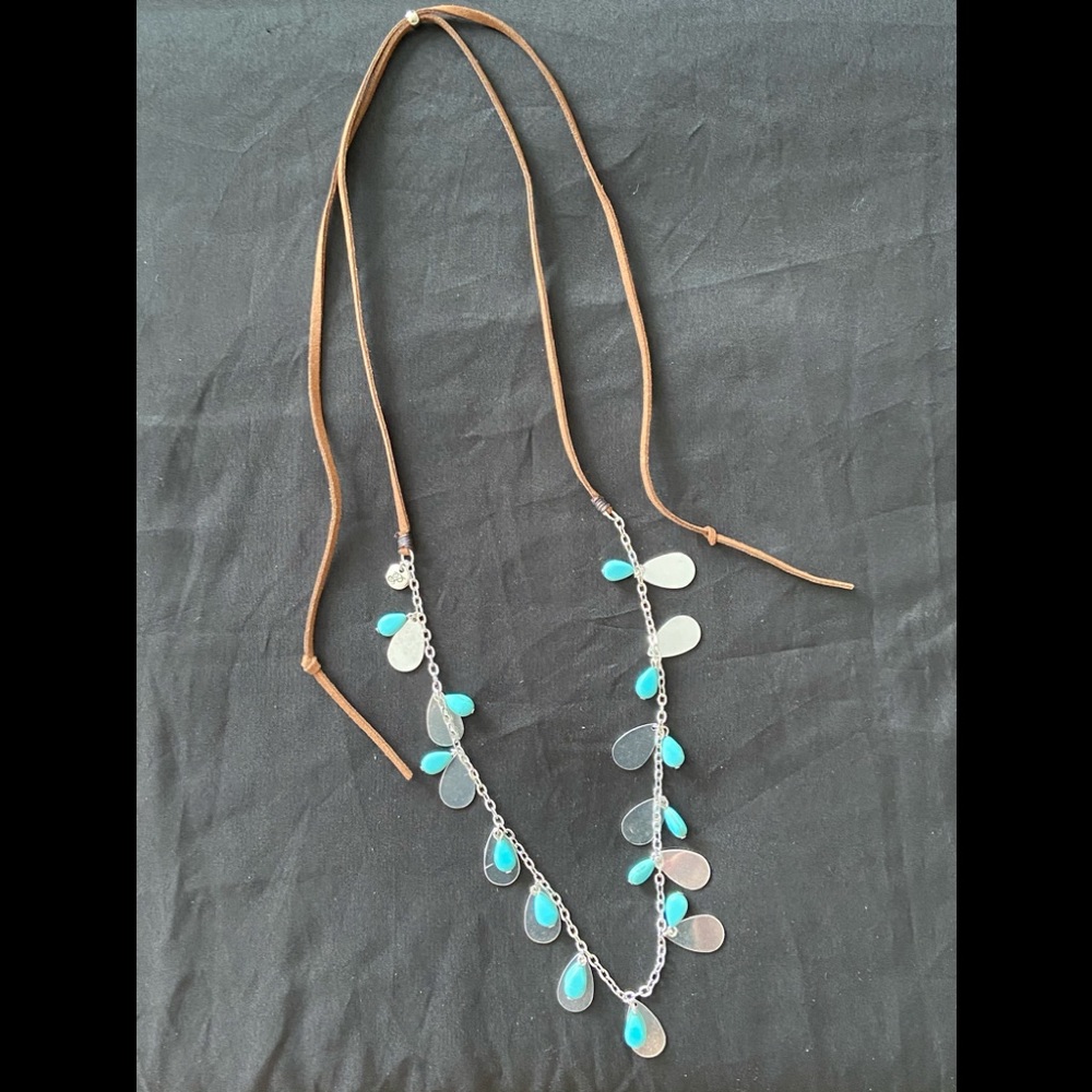 Silver teardrops with turquoise beads on brn cord